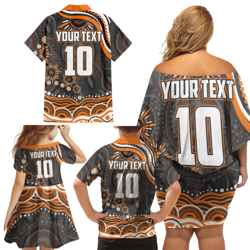 Personalized GWS Giants Rugby Family Matching Off Shoulder Short Dress and Hawaiian Shirt Aboriginal Dot Art - Dreamtime Football Mascot
