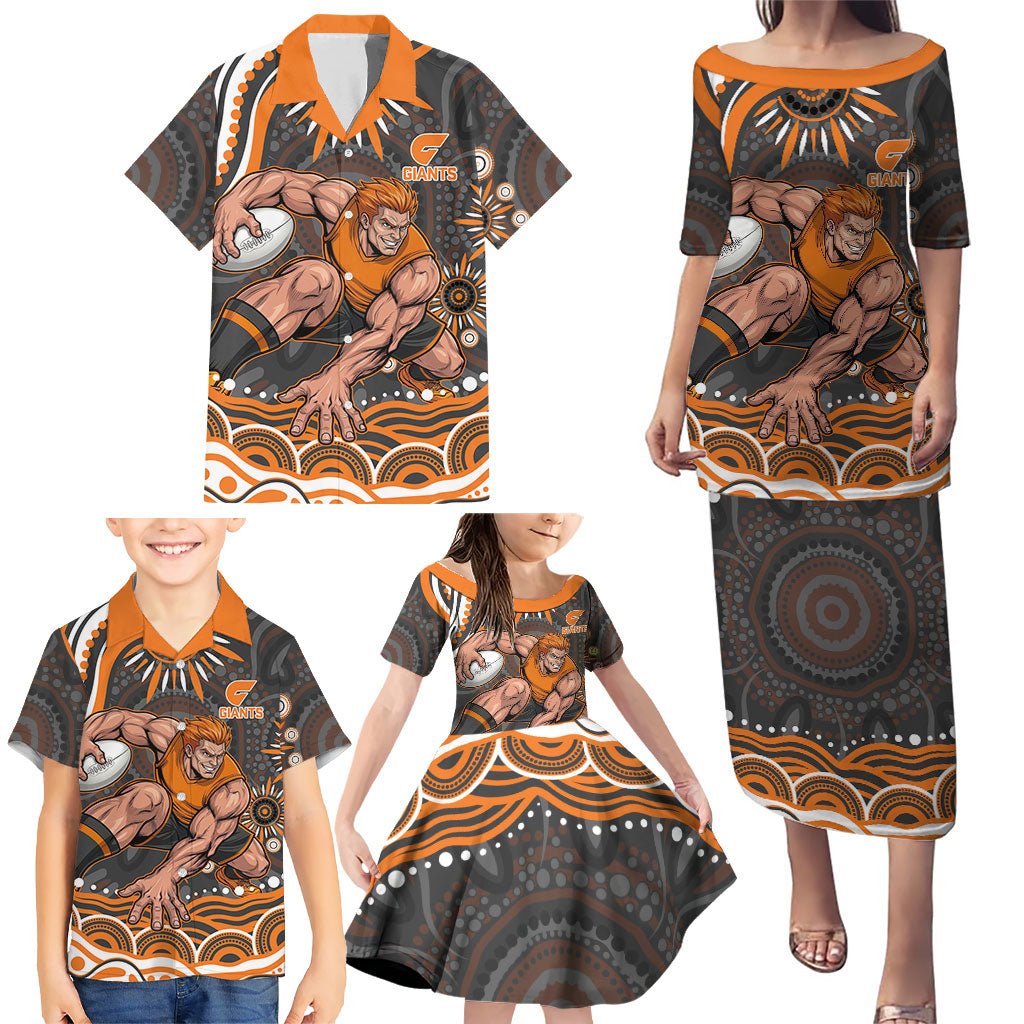 Personalized GWS Giants Rugby Family Matching Puletasi and Hawaiian Shirt Aboriginal Dot Art - Dreamtime Football Mascot