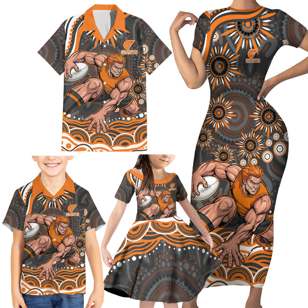 Personalized GWS Giants Rugby Family Matching Short Sleeve Bodycon Dress and Hawaiian Shirt Aboriginal Dot Art - Dreamtime Football Mascot