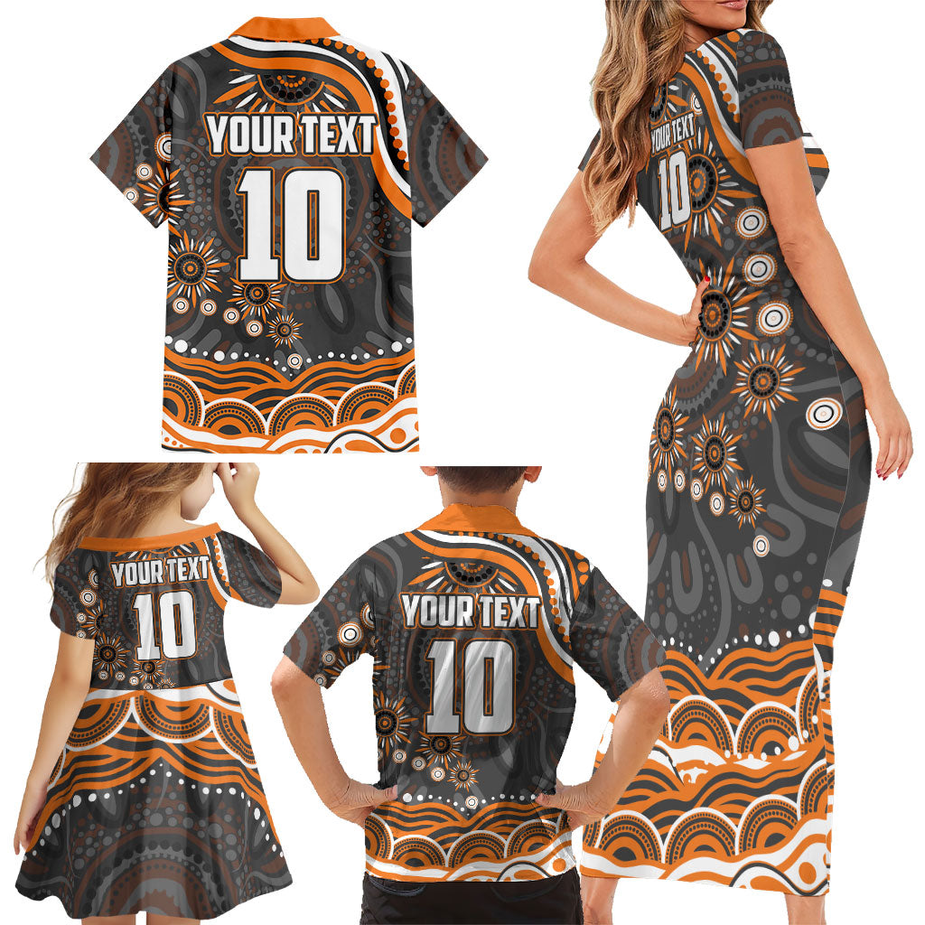 Personalized GWS Giants Rugby Family Matching Short Sleeve Bodycon Dress and Hawaiian Shirt Aboriginal Dot Art - Dreamtime Football Mascot