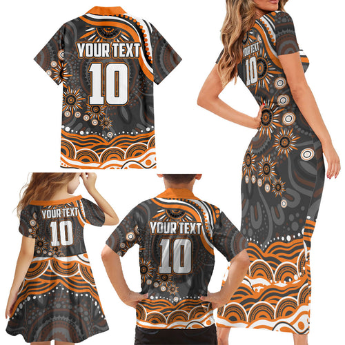 Personalized GWS Giants Rugby Family Matching Short Sleeve Bodycon Dress and Hawaiian Shirt Aboriginal Dot Art - Dreamtime Football Mascot