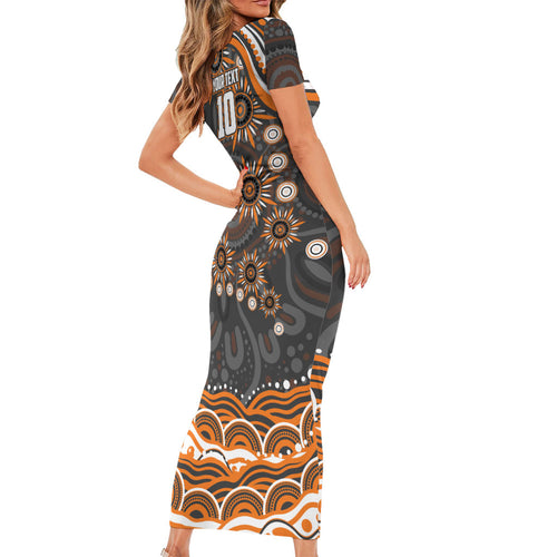 Personalized GWS Giants Rugby Family Matching Short Sleeve Bodycon Dress and Hawaiian Shirt Aboriginal Dot Art - Dreamtime Football Mascot