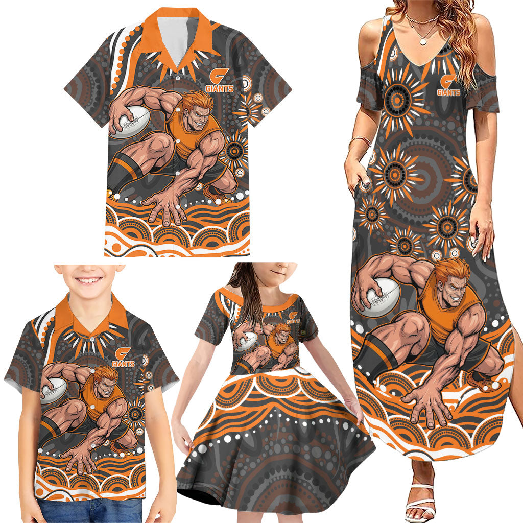 Personalized GWS Giants Rugby Family Matching Summer Maxi Dress and Hawaiian Shirt Aboriginal Dot Art - Dreamtime Football Mascot