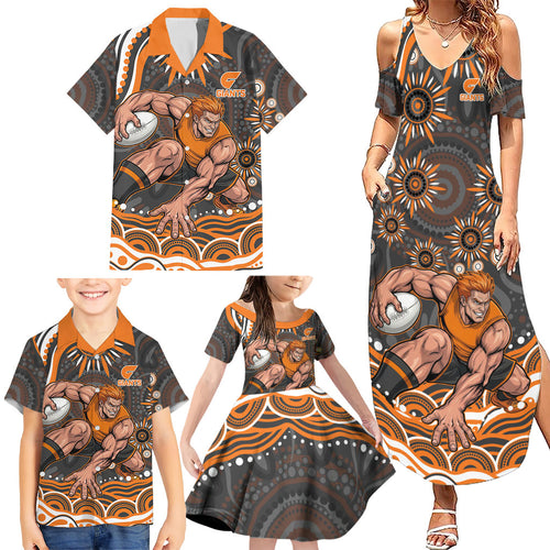 Personalized GWS Giants Rugby Family Matching Summer Maxi Dress and Hawaiian Shirt Aboriginal Dot Art - Dreamtime Football Mascot