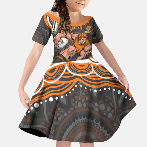 Personalized GWS Giants Rugby Kid Short Sleeve Dress Aboriginal Dot Art - Dreamtime Football Mascot