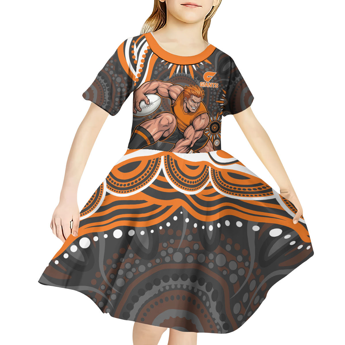 Personalized GWS Giants Rugby Kid Short Sleeve Dress Aboriginal Dot Art - Dreamtime Football Mascot