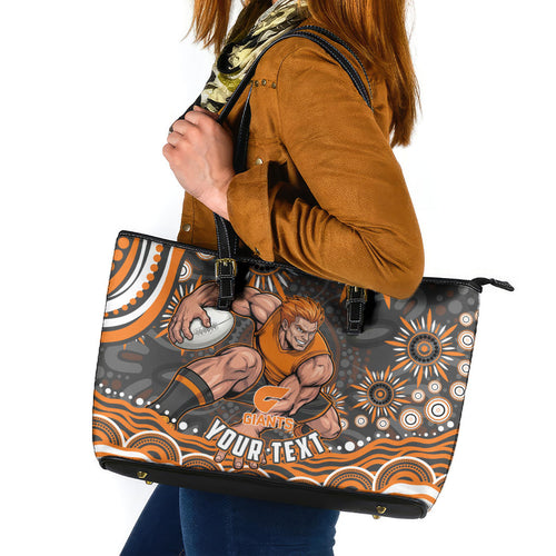 Personalized GWS Giants Rugby Leather Tote Bag Aboriginal Dot Art - Dreamtime Football Mascot