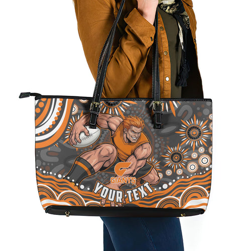 Personalized GWS Giants Rugby Leather Tote Bag Aboriginal Dot Art - Dreamtime Football Mascot