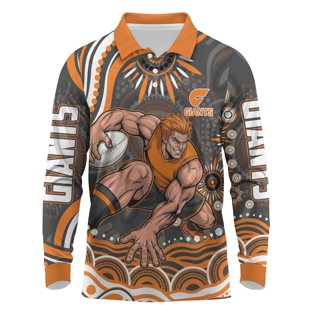 Personalized GWS Giants Rugby Long Sleeve Polo Shirt Aboriginal Dot Art - Dreamtime Football Mascot