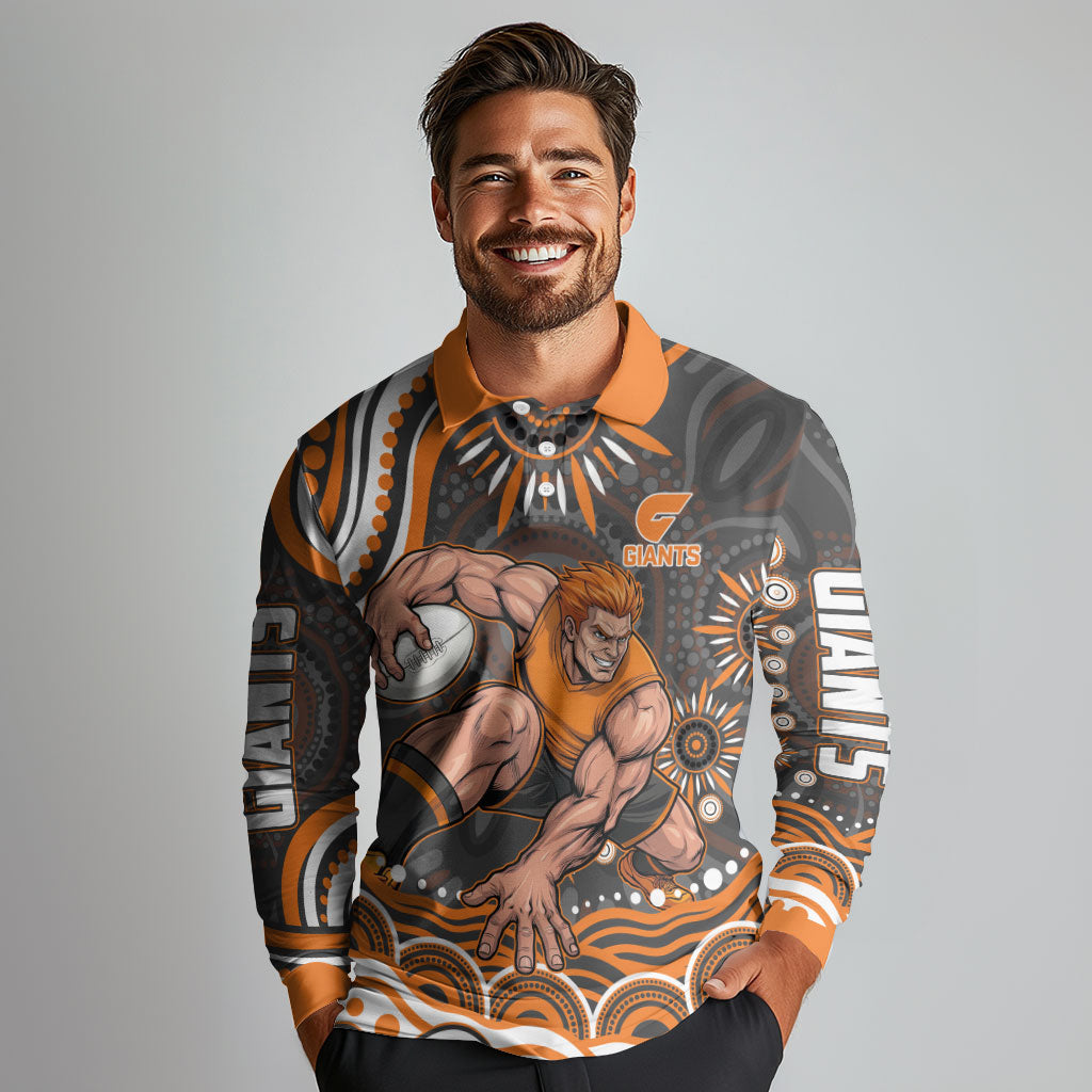 Personalized GWS Giants Rugby Long Sleeve Polo Shirt Aboriginal Dot Art - Dreamtime Football Mascot