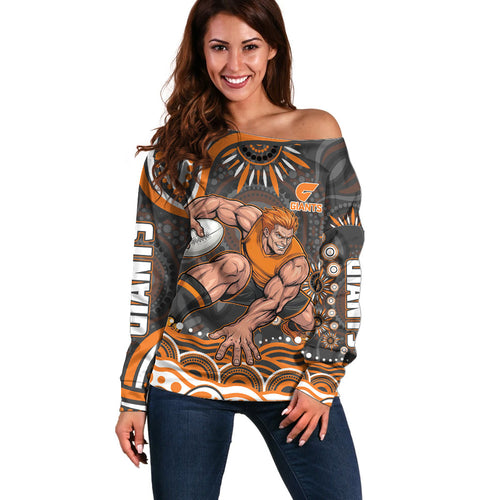 Personalized GWS Giants Rugby Off Shoulder Sweater Aboriginal Dot Art - Dreamtime Football Mascot