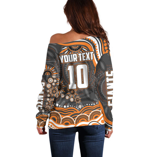 Personalized GWS Giants Rugby Off Shoulder Sweater Aboriginal Dot Art - Dreamtime Football Mascot