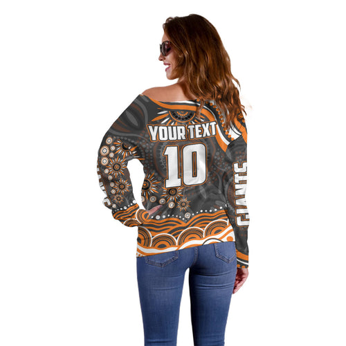 Personalized GWS Giants Rugby Off Shoulder Sweater Aboriginal Dot Art - Dreamtime Football Mascot