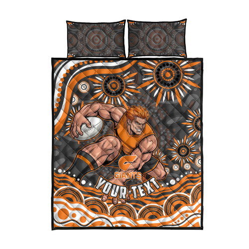 Personalized GWS Giants Rugby Quilt Bed Set Aboriginal Dot Art - Dreamtime Football Mascot
