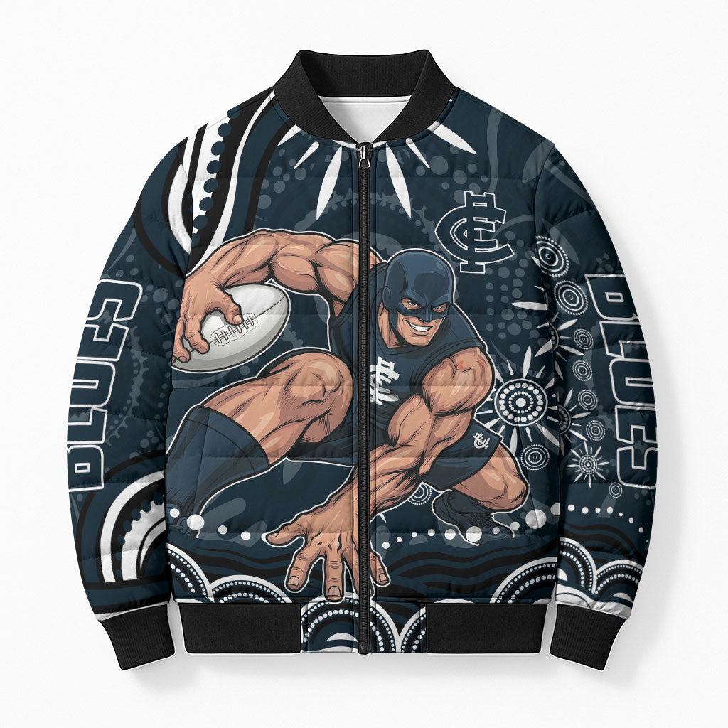 Personalized Carlton Blues Rugby Bomber Puffer Jacket Aboriginal Dot Art - Dreamtime Football Mascot