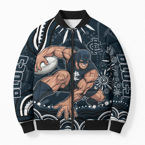 Personalized Carlton Blues Rugby Bomber Puffer Jacket Aboriginal Dot Art - Dreamtime Football Mascot