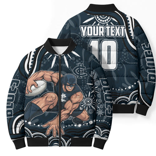 Personalized Carlton Blues Rugby Bomber Puffer Jacket Aboriginal Dot Art - Dreamtime Football Mascot