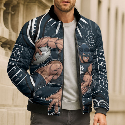Personalized Carlton Blues Rugby Bomber Puffer Jacket Aboriginal Dot Art - Dreamtime Football Mascot