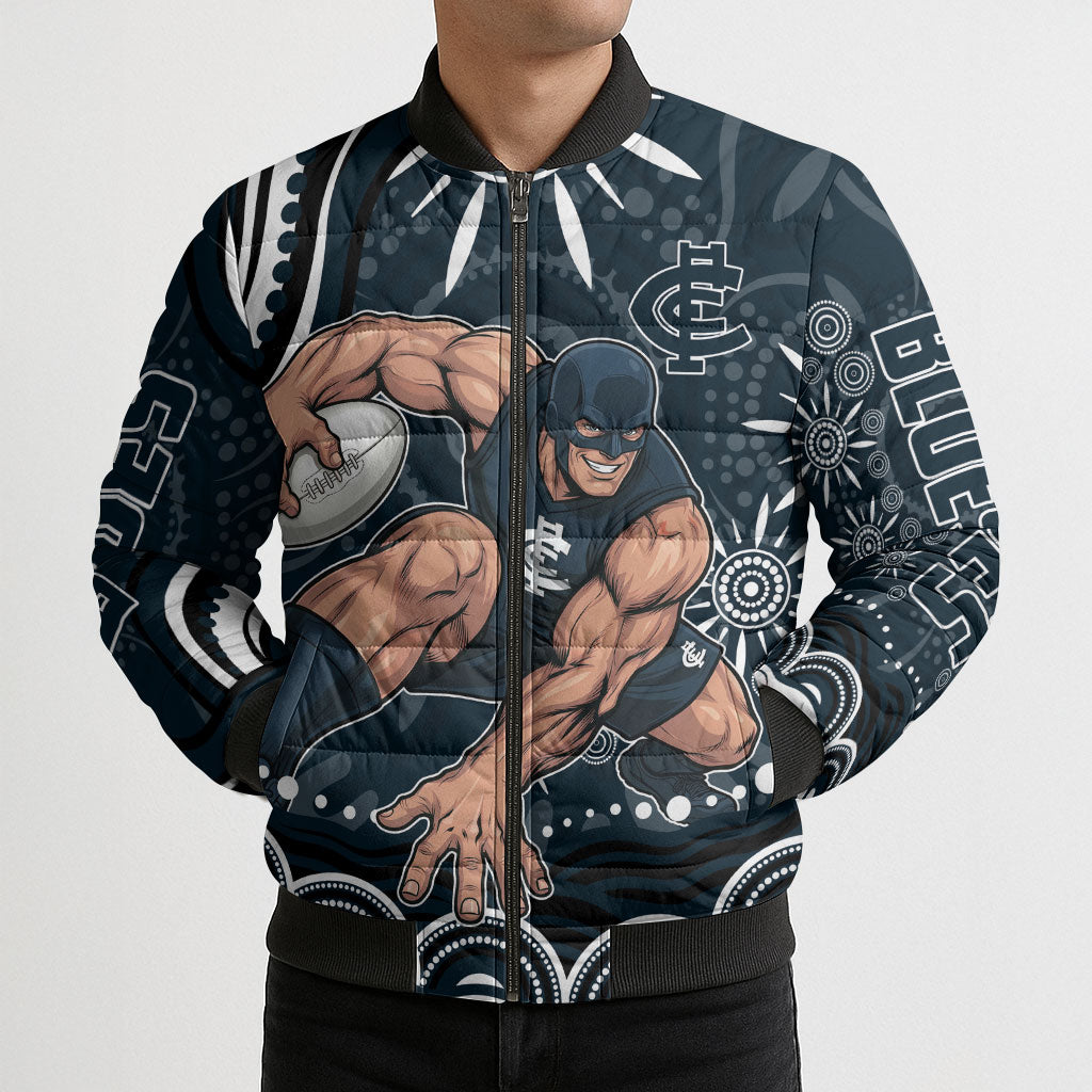 Personalized Carlton Blues Rugby Bomber Puffer Jacket Aboriginal Dot Art - Dreamtime Football Mascot