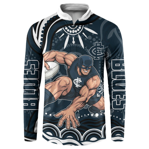 Personalized Carlton Blues Rugby Button Sweatshirt Aboriginal Dot Art - Dreamtime Football Mascot
