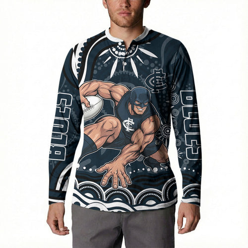 Personalized Carlton Blues Rugby Button Sweatshirt Aboriginal Dot Art - Dreamtime Football Mascot