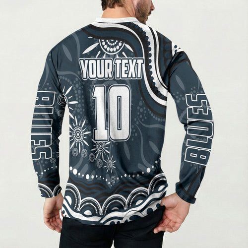 Personalized Carlton Blues Rugby Button Sweatshirt Aboriginal Dot Art - Dreamtime Football Mascot