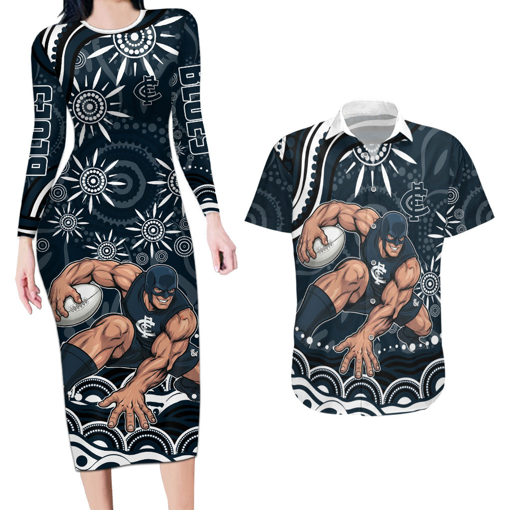 Personalized Carlton Blues Rugby Couples Matching Long Sleeve Bodycon Dress and Hawaiian Shirt Aboriginal Dot Art - Dreamtime Football Mascot