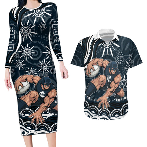 Personalized Carlton Blues Rugby Couples Matching Long Sleeve Bodycon Dress and Hawaiian Shirt Aboriginal Dot Art - Dreamtime Football Mascot