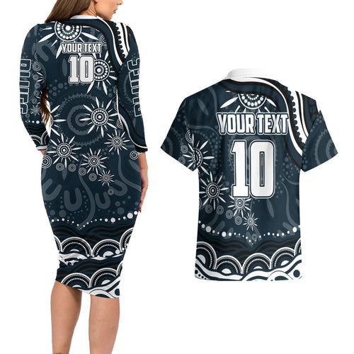 Personalized Carlton Blues Rugby Couples Matching Long Sleeve Bodycon Dress and Hawaiian Shirt Aboriginal Dot Art - Dreamtime Football Mascot