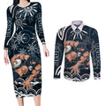 Personalized Carlton Blues Rugby Couples Matching Long Sleeve Bodycon Dress and Long Sleeve Button Shirt Aboriginal Dot Art - Dreamtime Football Mascot