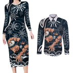 Personalized Carlton Blues Rugby Couples Matching Long Sleeve Bodycon Dress and Long Sleeve Button Shirt Aboriginal Dot Art - Dreamtime Football Mascot