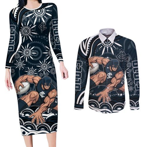 Personalized Carlton Blues Rugby Couples Matching Long Sleeve Bodycon Dress and Long Sleeve Button Shirt Aboriginal Dot Art - Dreamtime Football Mascot