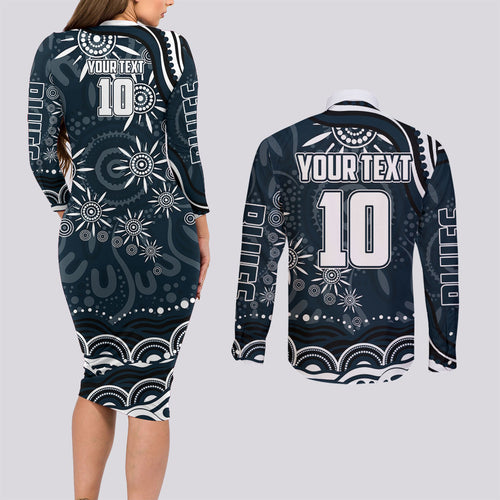 Personalized Carlton Blues Rugby Couples Matching Long Sleeve Bodycon Dress and Long Sleeve Button Shirt Aboriginal Dot Art - Dreamtime Football Mascot