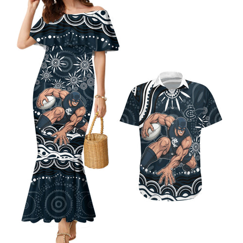 Personalized Carlton Blues Rugby Couples Matching Mermaid Dress and Hawaiian Shirt Aboriginal Dot Art - Dreamtime Football Mascot