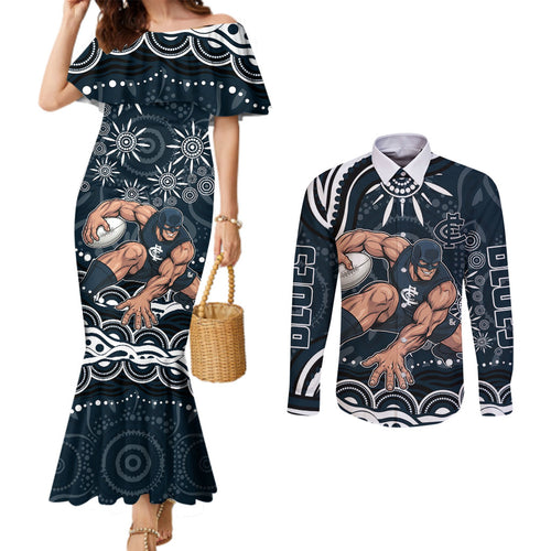 Personalized Carlton Blues Rugby Couples Matching Mermaid Dress and Long Sleeve Button Shirt Aboriginal Dot Art - Dreamtime Football Mascot