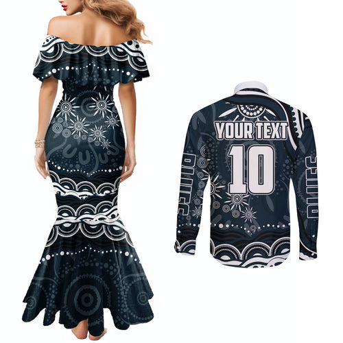 Personalized Carlton Blues Rugby Couples Matching Mermaid Dress and Long Sleeve Button Shirt Aboriginal Dot Art - Dreamtime Football Mascot