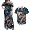 Personalized Carlton Blues Rugby Couples Matching Off Shoulder Maxi Dress and Hawaiian Shirt Aboriginal Dot Art - Dreamtime Football Mascot