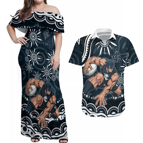 Personalized Carlton Blues Rugby Couples Matching Off Shoulder Maxi Dress and Hawaiian Shirt Aboriginal Dot Art - Dreamtime Football Mascot