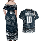 Personalized Carlton Blues Rugby Couples Matching Off Shoulder Maxi Dress and Hawaiian Shirt Aboriginal Dot Art - Dreamtime Football Mascot