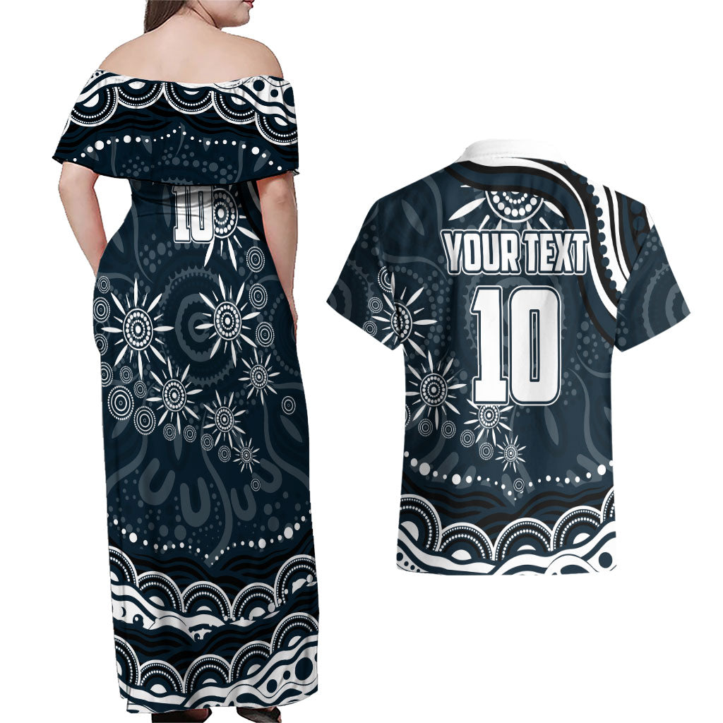 Personalized Carlton Blues Rugby Couples Matching Off Shoulder Maxi Dress and Hawaiian Shirt Aboriginal Dot Art - Dreamtime Football Mascot