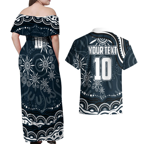 Personalized Carlton Blues Rugby Couples Matching Off Shoulder Maxi Dress and Hawaiian Shirt Aboriginal Dot Art - Dreamtime Football Mascot