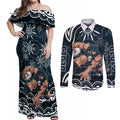 Personalized Carlton Blues Rugby Couples Matching Off Shoulder Maxi Dress and Long Sleeve Button Shirt Aboriginal Dot Art - Dreamtime Football Mascot