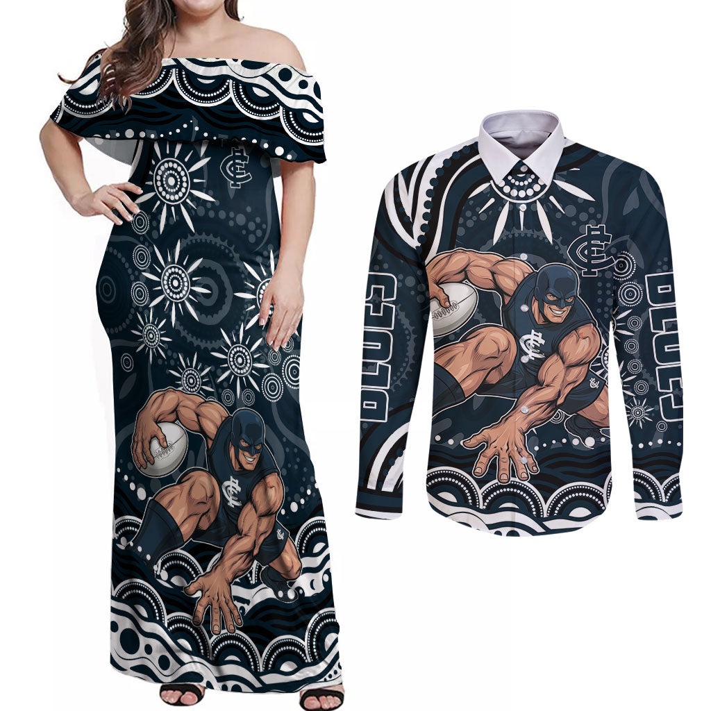 Personalized Carlton Blues Rugby Couples Matching Off Shoulder Maxi Dress and Long Sleeve Button Shirt Aboriginal Dot Art - Dreamtime Football Mascot