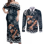 Personalized Carlton Blues Rugby Couples Matching Off Shoulder Maxi Dress and Long Sleeve Button Shirt Aboriginal Dot Art - Dreamtime Football Mascot