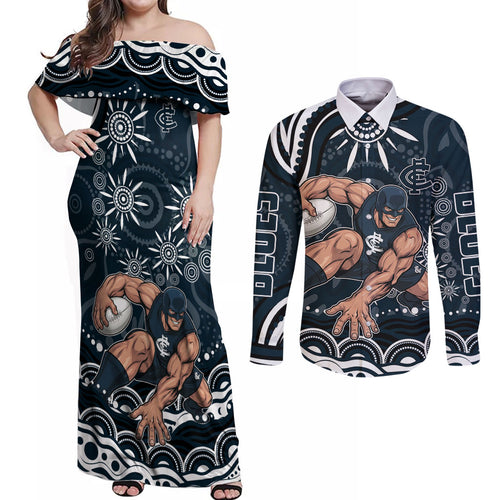 Personalized Carlton Blues Rugby Couples Matching Off Shoulder Maxi Dress and Long Sleeve Button Shirt Aboriginal Dot Art - Dreamtime Football Mascot