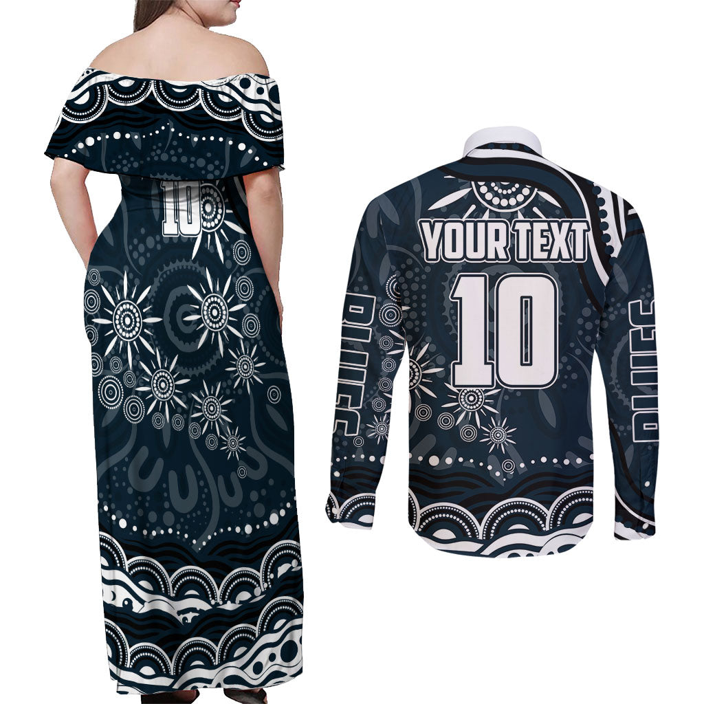 Personalized Carlton Blues Rugby Couples Matching Off Shoulder Maxi Dress and Long Sleeve Button Shirt Aboriginal Dot Art - Dreamtime Football Mascot