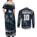 Personalized Carlton Blues Rugby Couples Matching Off Shoulder Maxi Dress and Long Sleeve Button Shirt Aboriginal Dot Art - Dreamtime Football Mascot