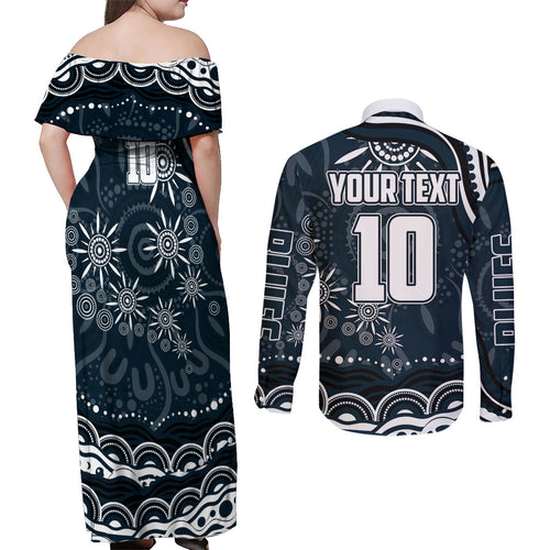 Personalized Carlton Blues Rugby Couples Matching Off Shoulder Maxi Dress and Long Sleeve Button Shirt Aboriginal Dot Art - Dreamtime Football Mascot