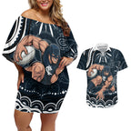Personalized Carlton Blues Rugby Couples Matching Off Shoulder Short Dress and Hawaiian Shirt Aboriginal Dot Art - Dreamtime Football Mascot