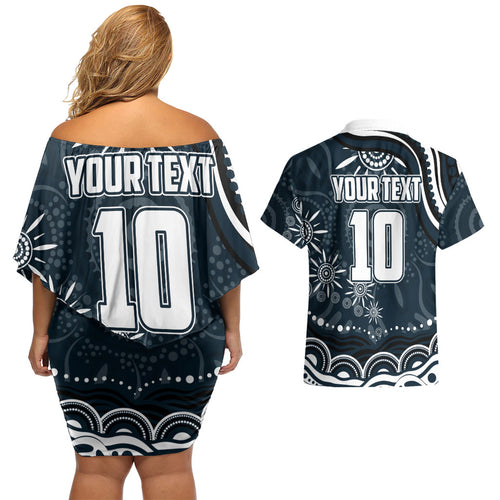 Personalized Carlton Blues Rugby Couples Matching Off Shoulder Short Dress and Hawaiian Shirt Aboriginal Dot Art - Dreamtime Football Mascot